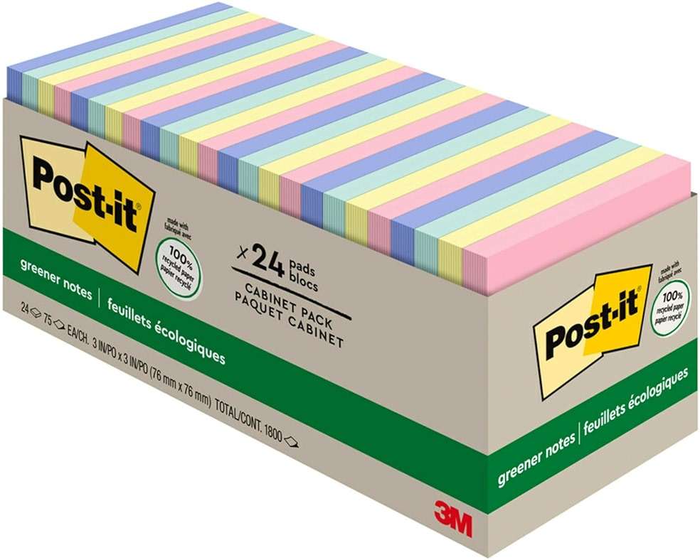 Post-it Greener Notes, 3x3 in, 24 Pads, America's #1 Favorite Sticky Notes, Sweet Sprinkles Collection, Pastel Colors, Clean Removal, 100% Recycled Material (654R-24CP-AP) - Image 1