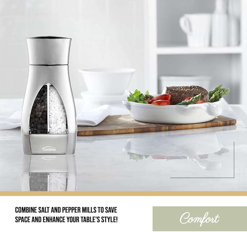 Trudeau Stainless Steel Manual 2-in-1 Salt and Pepper Mill - 7.5-Inch Space-Saving Grinder with Durable Carbon Steel Pepper Grinder and Rust-Proof Ceramic Salt Grinder - Adjustable Grind Settings - Image 2