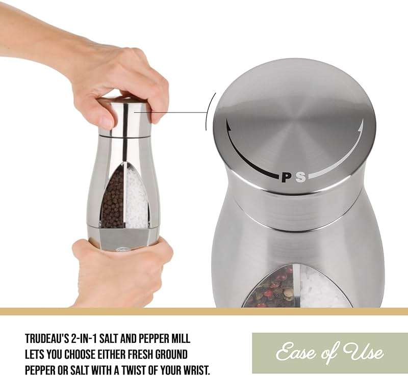 Trudeau Stainless Steel Manual 2-in-1 Salt and Pepper Mill - 7.5-Inch Space-Saving Grinder with Durable Carbon Steel Pepper Grinder and Rust-Proof Ceramic Salt Grinder - Adjustable Grind Settings - Image 4