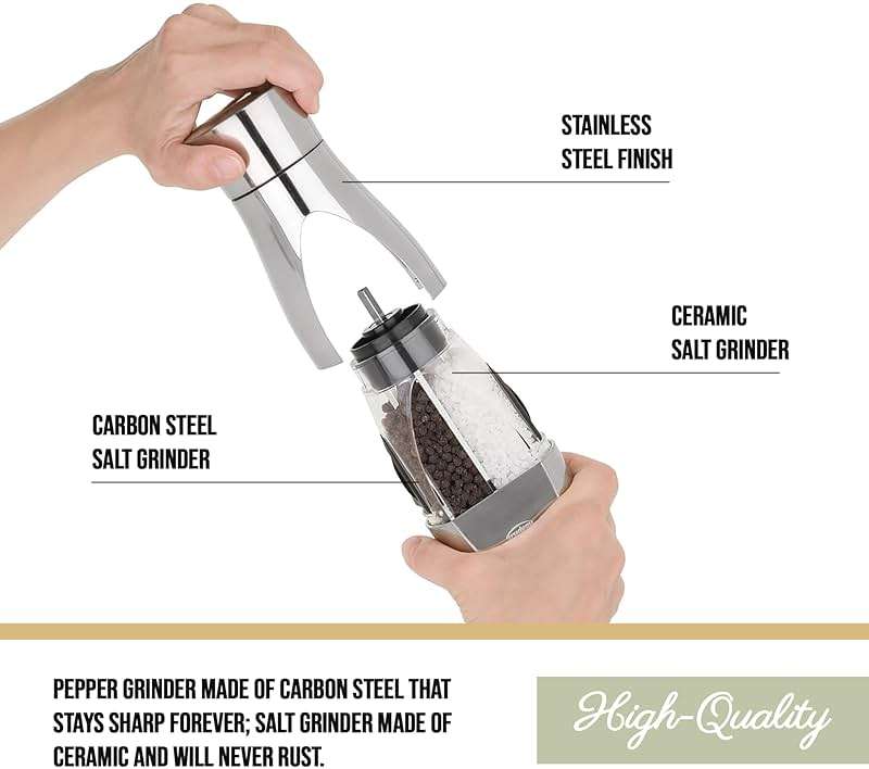 Trudeau Stainless Steel Manual 2-in-1 Salt and Pepper Mill - 7.5-Inch Space-Saving Grinder with Durable Carbon Steel Pepper Grinder and Rust-Proof Ceramic Salt Grinder - Adjustable Grind Settings - Image 5