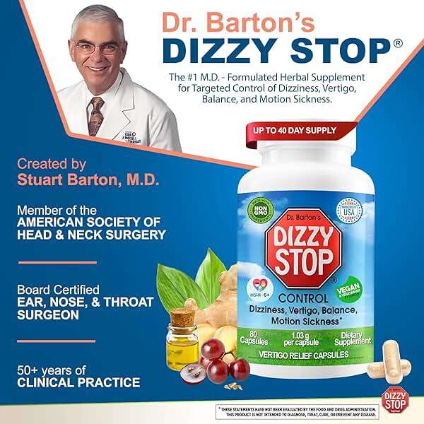 Dizzy Stop Dr. Barton's Vertigo Relief Products with Ginger and Grape Seed - Non-Drowsy Motion Sickness Pills for Dizziness Relief and Inner Ear Balance - 80 Count - Image 3