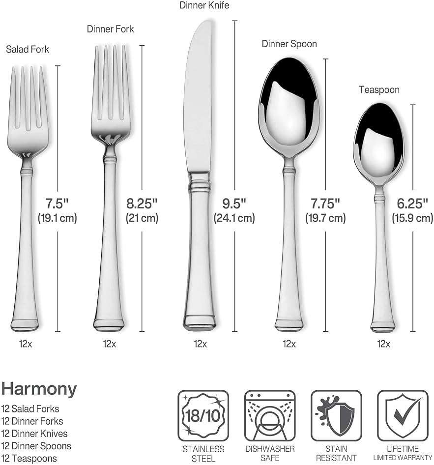 Mikasa Harmony Silverware Set for 12, 65-Piece 18/10 Stainless Steel Flatware Set with Flared Handles, Dishwasher Safe Cutlery Set, Elegant Dining Utensils - Image 3