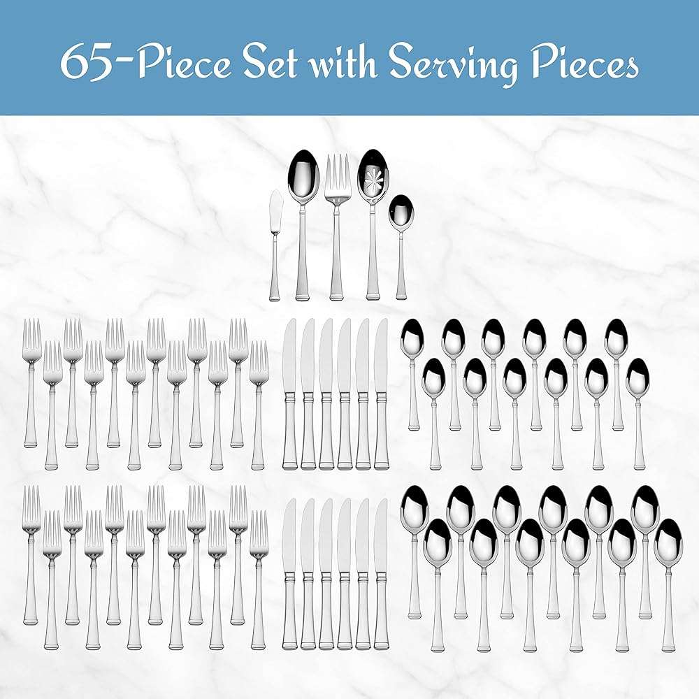 Mikasa Harmony Silverware Set for 12, 65-Piece 18/10 Stainless Steel Flatware Set with Flared Handles, Dishwasher Safe Cutlery Set, Elegant Dining Utensils - Image 4