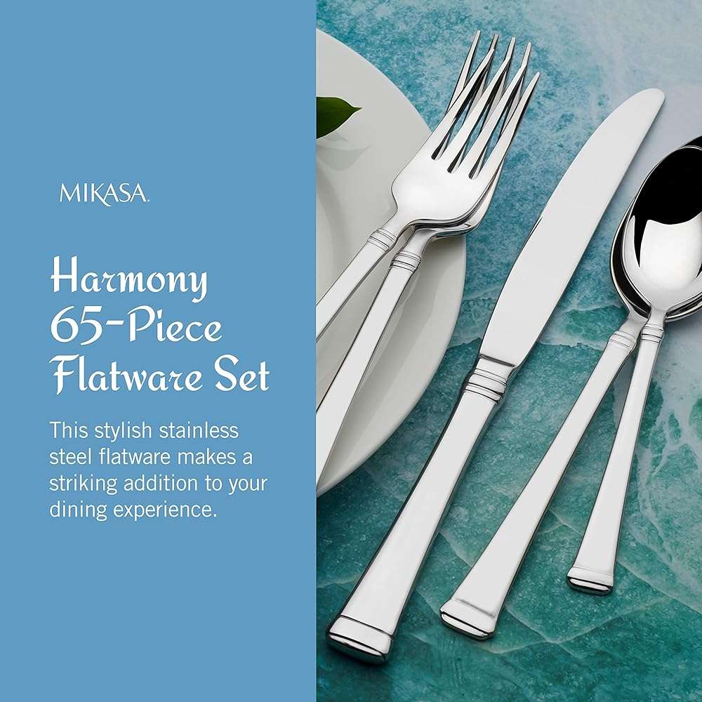 Mikasa Harmony Silverware Set for 12, 65-Piece 18/10 Stainless Steel Flatware Set with Flared Handles, Dishwasher Safe Cutlery Set, Elegant Dining Utensils - Image 5
