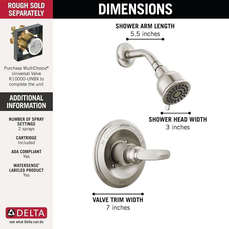 Delta Faucet Foundations 13 Series Single-Function Shower Trim Kit with Single-Spray Shower Head, Stainless BT1321-SS (Valve Not Included) - Image 3