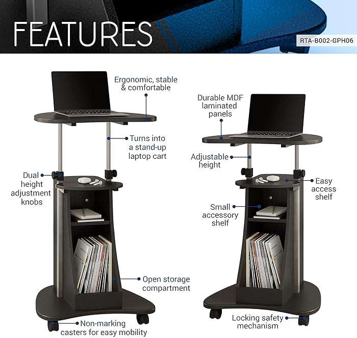Techni Mobili Sit-to-Stand Rolling Adjustable Height Laptop Cart with Storage, Graphite, 22 x 16 x 46 - Image 4