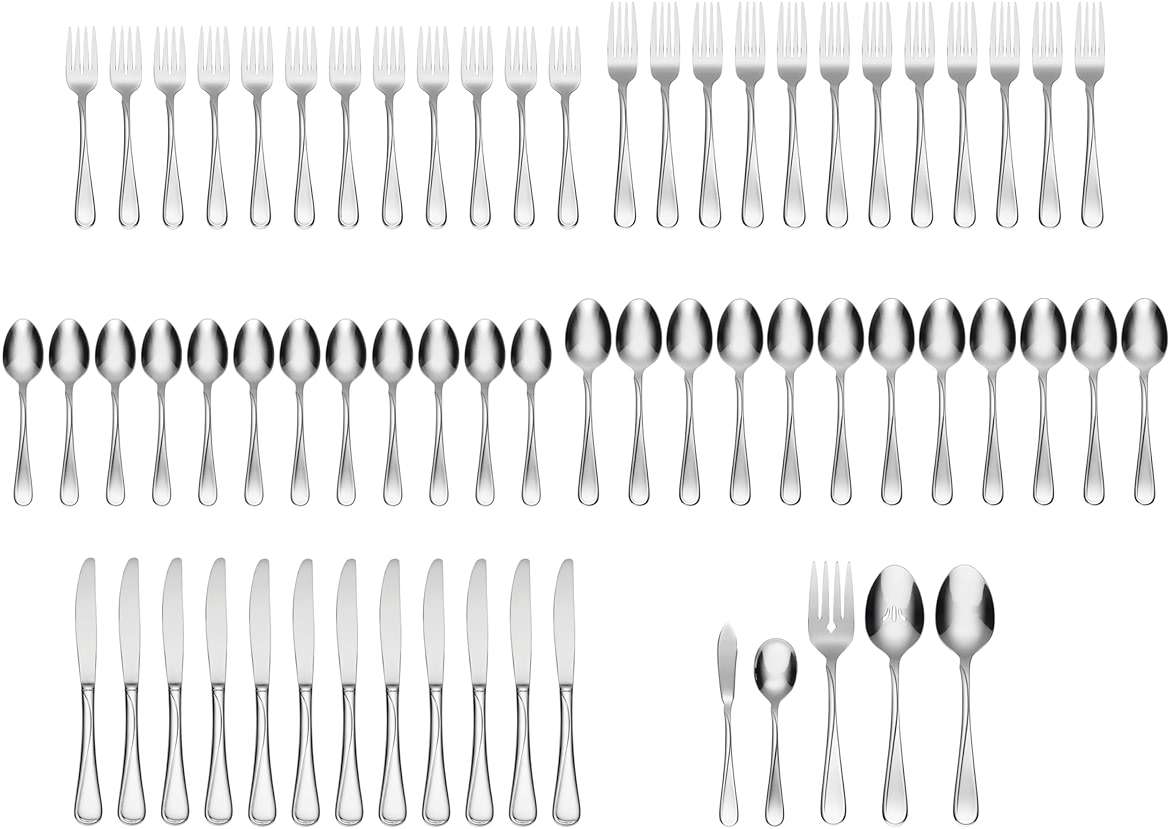 Oneida Silverware Set For 12, Flight 65-Piece Everyday Flatware Set with Serving Utensils, Service For 12, 18/0 Stainless Steel, Mirror Finish, Dishwasher Safe, Light Weight, Dining (Silver, 65 Piece) - Image 4