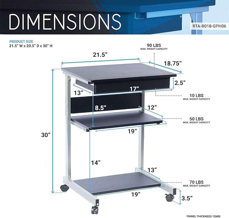 Rolling Laptop Cart with Storage, Portable Computer Desk, Rolling Cart Workstation, or Laptop Stand with Printer Shelf, Graphite Black - Image 3