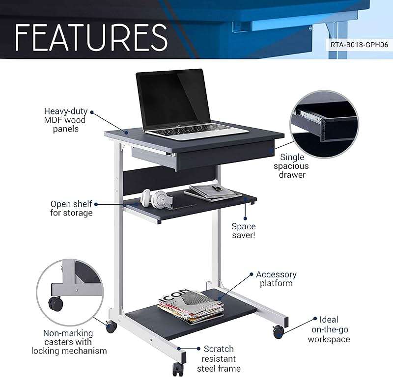 Rolling Laptop Cart with Storage, Portable Computer Desk, Rolling Cart Workstation, or Laptop Stand with Printer Shelf, Graphite Black - Image 4