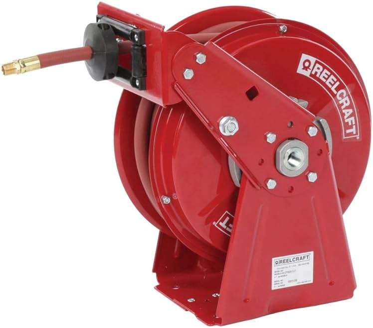 Reelcraft DP5835 OLP Heavy Duty Compact Dual Pedestal Hose Reel, 1/2" x 35', 300 Psi, Air/Water Hose Included - Image 1