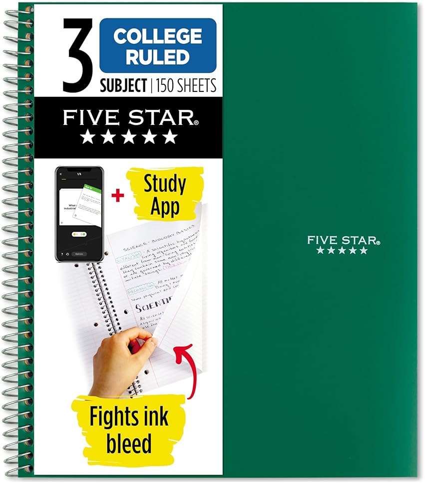 Five Star Spiral Notebook + Study App, 3 Subject, College Ruled Paper, Fights Ink Bleed, Water Resistant Cover, 8-1/2" x 11", 150 Sheets, Green (72067) - Image 1