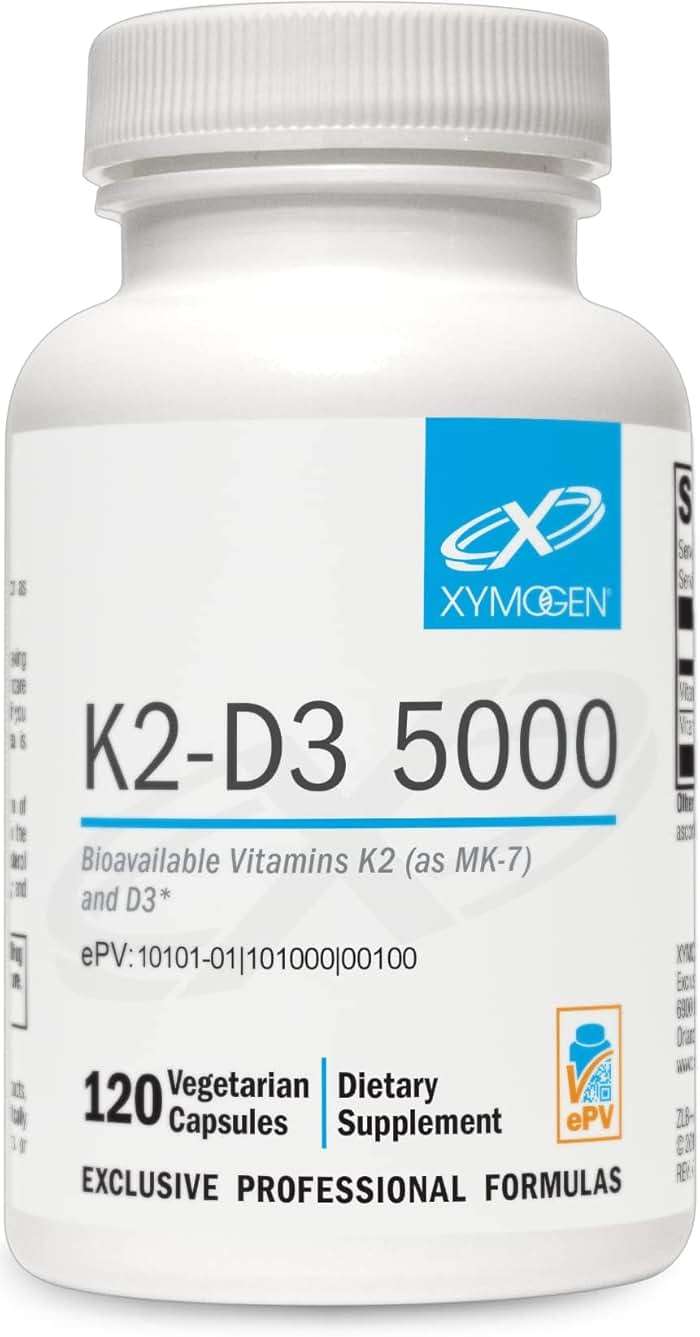XYMOGEN K2-D3 5000 - Vitamin D3 K2 Supplement for Immune, Bone & Cardiovascular Support* - Non-GMO, Gluten Free, Vegetarian - 120 Capsules - Image 1