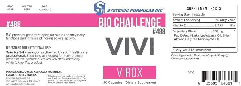 Systemic Formulas Bio Challenge #488 VIVI Virox - 30 Capsules. Powerful Immune Support Blend with PAU D’Arco, Leptotaenia Oil (Lomatium dissectum), Bitter Almond Oil, Jojoba Oil and Vitamin E. - Image 5