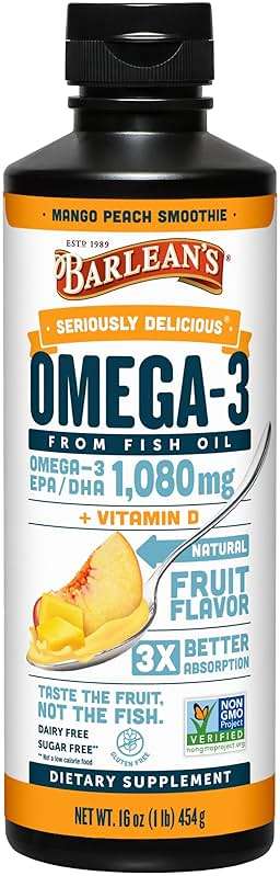 Barlean's Omega 3 Fish Oil Liquid Supplement with Vitamin D for Men and Women, 1080mg of EPA and DHA Fatty Acid, Promotes Brain & Heart Health - Non-GMO, Mango Peach, 16 oz - Image 1