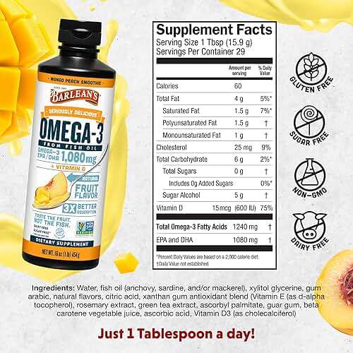 Barlean's Omega 3 Fish Oil Liquid Supplement with Vitamin D for Men and Women, 1080mg of EPA and DHA Fatty Acid, Promotes Brain & Heart Health - Non-GMO, Mango Peach, 16 oz - Image 2