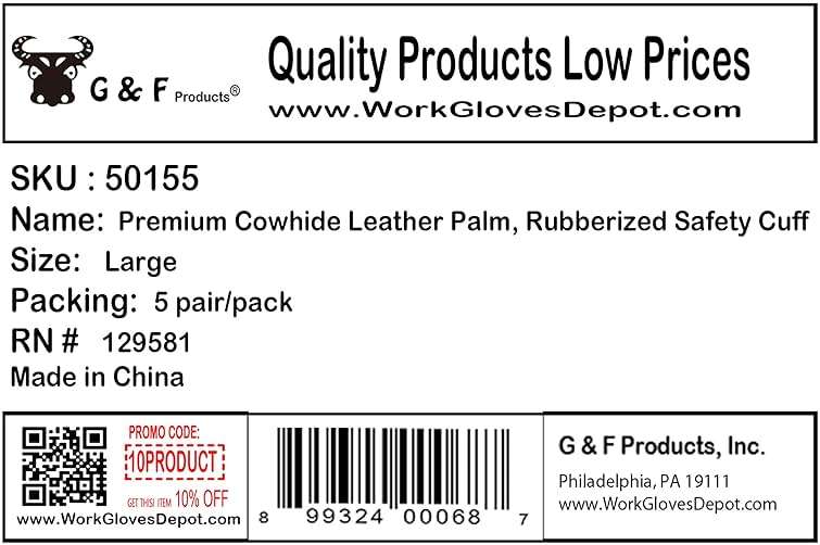 G & F Products Cowhide Leather Work Gloves with Suede Finish Palm rubberized safety cuff, 5 Pairs - Image 6