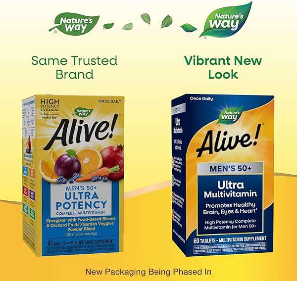 Nature's Way Alive! Ultra Potency Multivitamin for Men 50 Plus, Complete High Potency Formula with Vitamin D3, C, E, Methyl B12, Supports Cellular Energy, Heart, Brain, and Eye Health,* 60 Tablets - Image 2