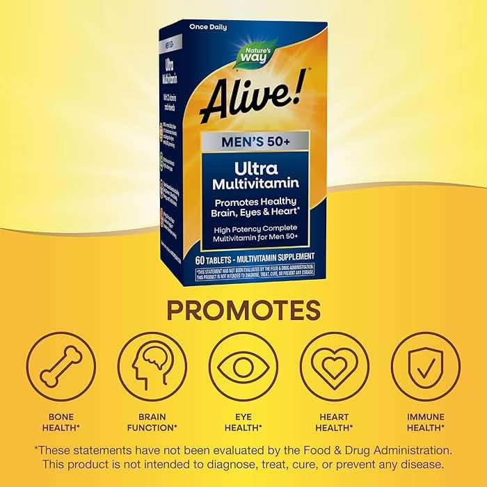 Nature's Way Alive! Ultra Potency Multivitamin for Men 50 Plus, Complete High Potency Formula with Vitamin D3, C, E, Methyl B12, Supports Cellular Energy, Heart, Brain, and Eye Health,* 60 Tablets - Image 4