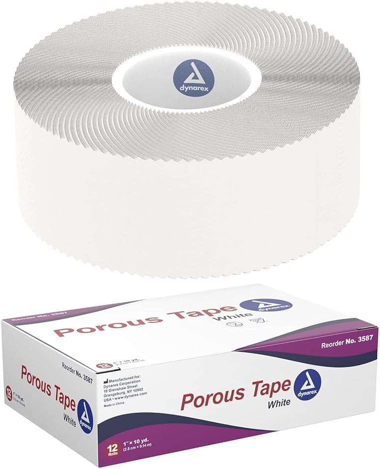 Dynarex Porous Tape - Adhesive Medical Tape for Wound Care - Non Sterile, Easy to Tear, No Natural Rubber Latex - White, 1" x 10 Yards Per Roll, 1 Box, 12 Rolls - Image 1