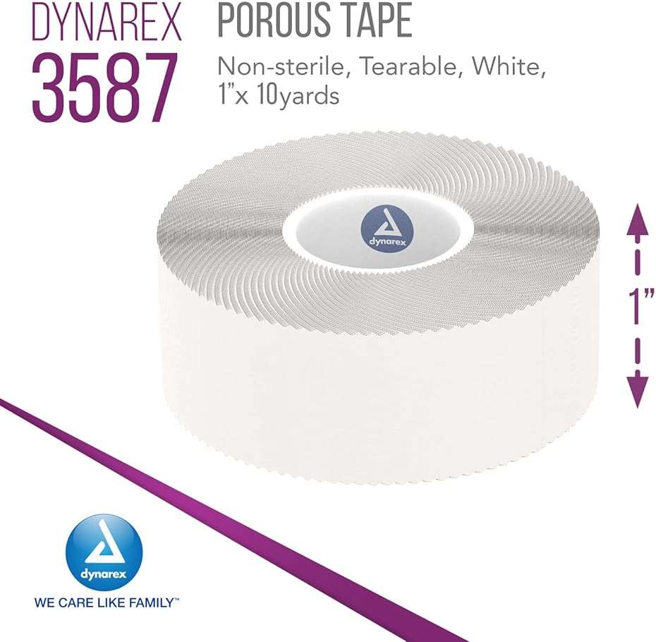 Dynarex Porous Tape - Adhesive Medical Tape for Wound Care - Non Sterile, Easy to Tear, No Natural Rubber Latex - White, 1" x 10 Yards Per Roll, 1 Box, 12 Rolls - Image 2