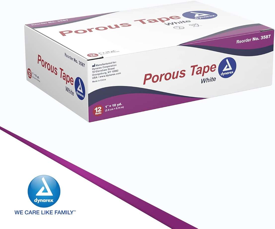 Dynarex Porous Tape - Adhesive Medical Tape for Wound Care - Non Sterile, Easy to Tear, No Natural Rubber Latex - White, 1" x 10 Yards Per Roll, 1 Box, 12 Rolls - Image 7