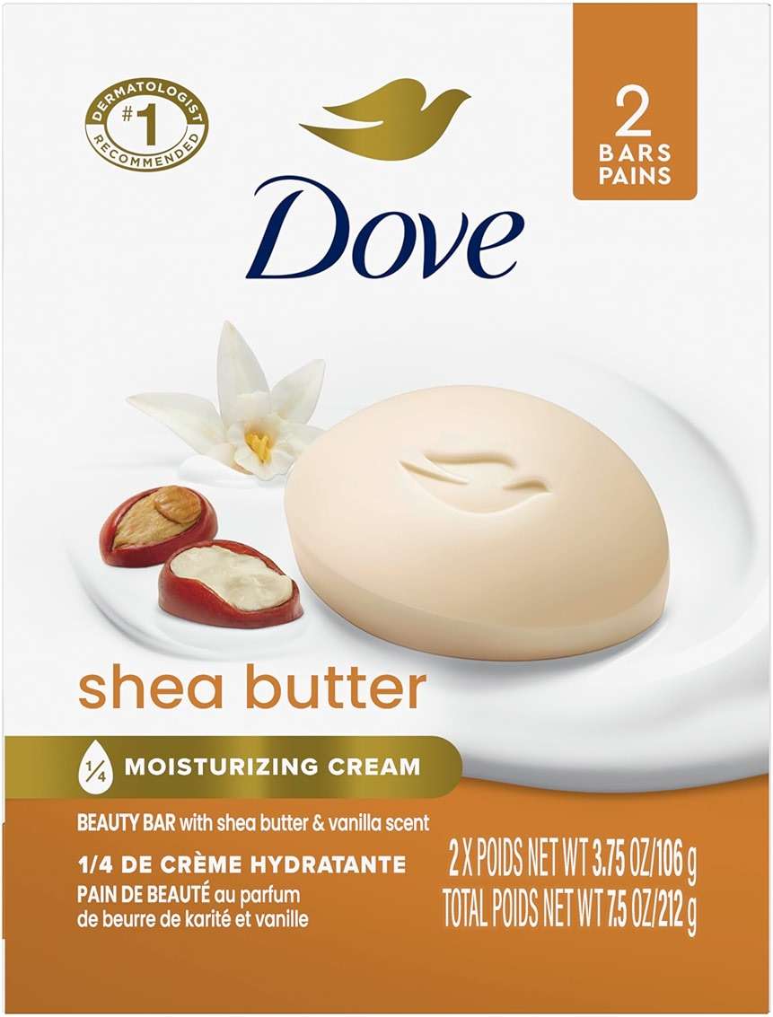 Dove Beauty Bar Gentle Skin Cleanser Shea Butter 2 Bars Moisturizing for Gentle Soft Skin Care More Moisturizing Than Bar Soap 3.75 oz - Image 1