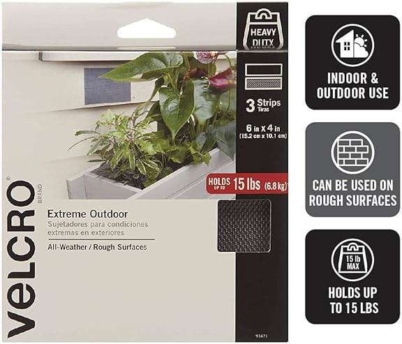 VELCRO Brand Outdoor Wide Heavy Duty Strips | 6" x 4" Pk of 3 | Holds 15 lbs | Titanium Extreme Industrial Strength Adhesive Fasteners | Strong Weather Resistance for Rough Surfaces (91471) - Image 2