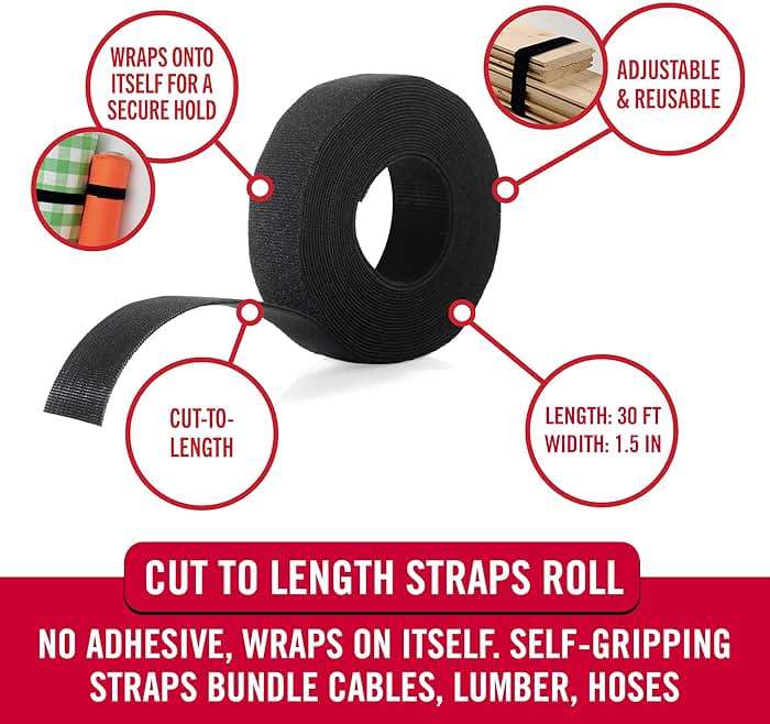 VELCRO Brand ONE-WRAP Roll Black | 30 Ft x 1-1/2 In | Reusable Self-Gripping Hook and Loop Tape | Cut Straps to Bundle Tie Materials and Tools in Garage Shed or Worksite - Image 2