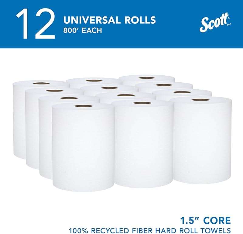 Scott Professional Universal 100% Recycled Fiber Hard Roll Paper Towels, Bulk (01052), Hardwound 1.5' Core, Absorbency Pockets, Compressed, White (12 Rolls at 800' Each, 9,600'/Case) - Image 2