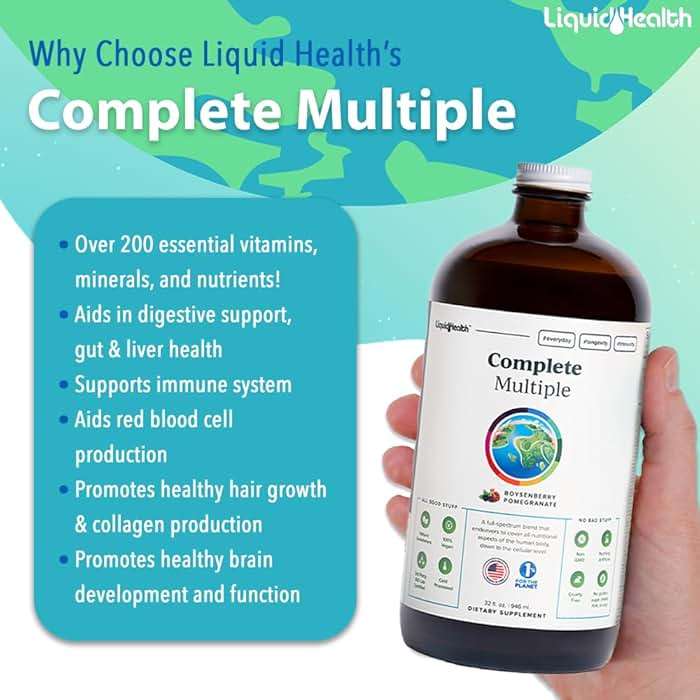 LIQUIDHEALTH Complete Multiple Adult Liquid Multivitamin - Essential Vitamins, Minerals & Nutrients, Immune Support, Gut Health, Energy, Detox - Made in USA, Vegan, Non-GMO, Sugar-Free (32 oz) - Image 3