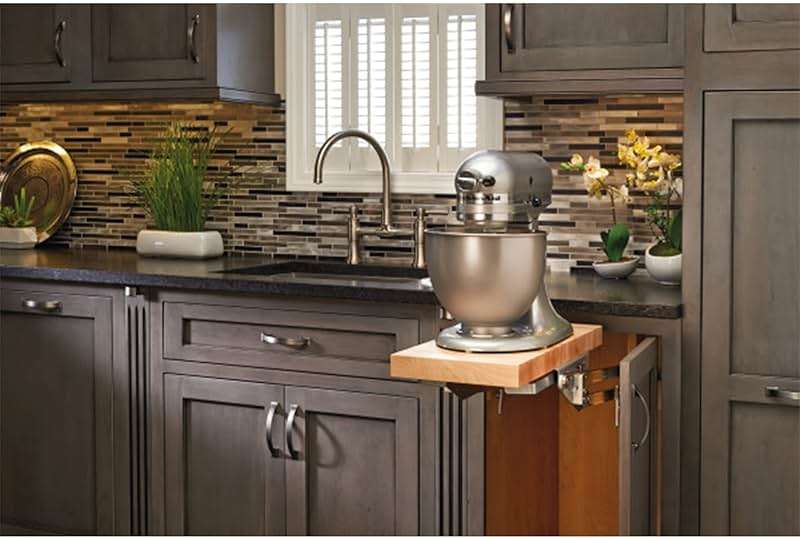 Rev-A-Shelf Heavy-Duty Stand Mixer Lift for Kitchen Base Cabinets, Zinc - Spring-Loaded Lifting System for Small Countertop Appliance Storage, Min Opening Width of 12", RAS-ML-HDCR - Image 2