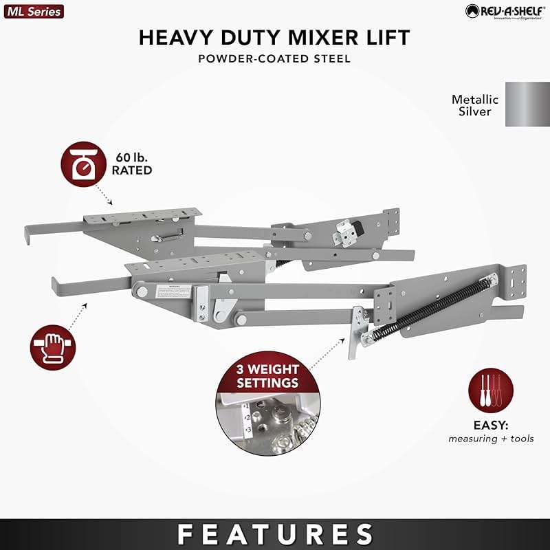 Rev-A-Shelf Heavy-Duty Stand Mixer Lift for Kitchen Base Cabinets, Zinc - Spring-Loaded Lifting System for Small Countertop Appliance Storage, Min Opening Width of 12", RAS-ML-HDCR - Image 5