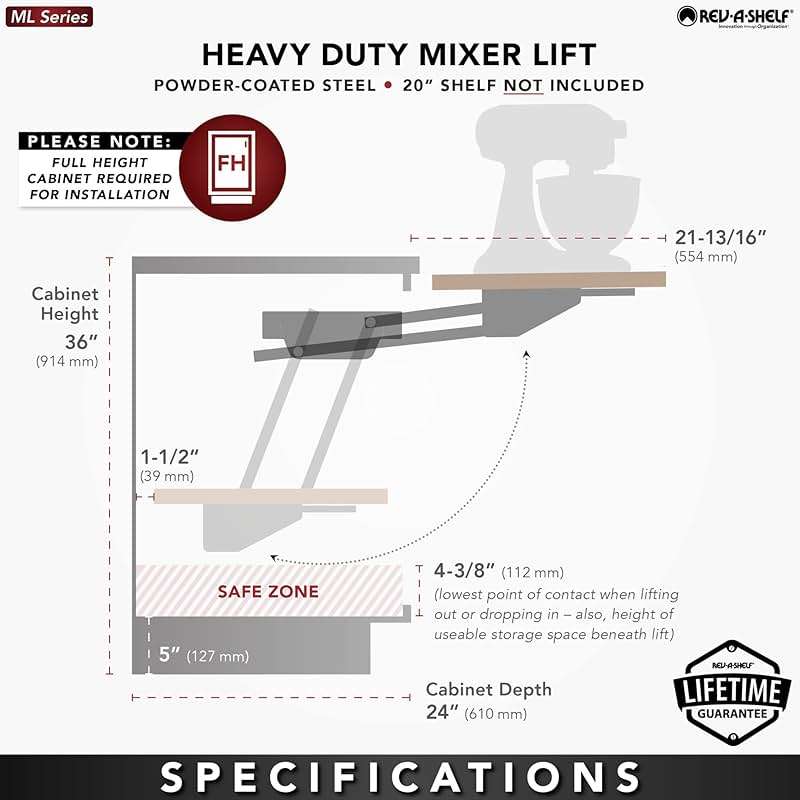 Rev-A-Shelf Heavy-Duty Stand Mixer Lift for Kitchen Base Cabinets, Zinc - Spring-Loaded Lifting System for Small Countertop Appliance Storage, Min Opening Width of 12", RAS-ML-HDCR - Image 6