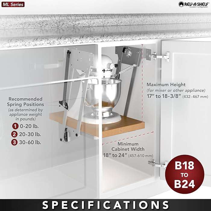 Rev-A-Shelf Heavy-Duty Stand Mixer Lift for Kitchen Base Cabinets, Zinc - Spring-Loaded Lifting System for Small Countertop Appliance Storage, Min Opening Width of 12", RAS-ML-HDCR - Image 7