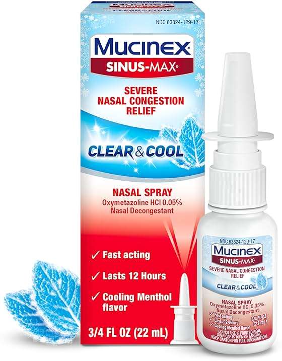 Mucinex Sinus-Max Nasal Spray Decongestant, 12 Hour Over-The-Counter Medication Nose Spray for Sinus Relief, Nasal Decongestants for Adults & Sinus Congestion, Clear & Cool 3/4 Fl Oz(22ML) - Image 1