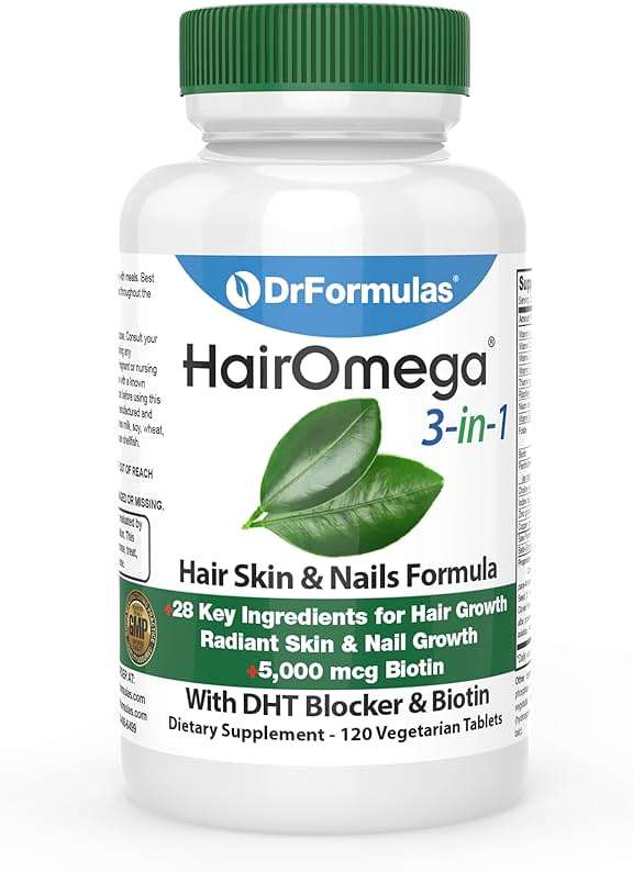 DrFormulas HairOmega 3-in-1 Hair Growth Vitamins with DHT Blocker, Biotin for Women & Men | Hair Skin and Nails Supplement for Hair Loss, 120 Pills - Image 1
