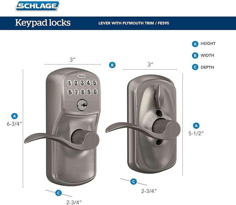 SCHLAGE Brushed Chrome FE595CS V PLY 626 ELA Plymouth Light Commercial Electronic Keypad Lock with Elan Lever(Satin Chrome) - Image 3