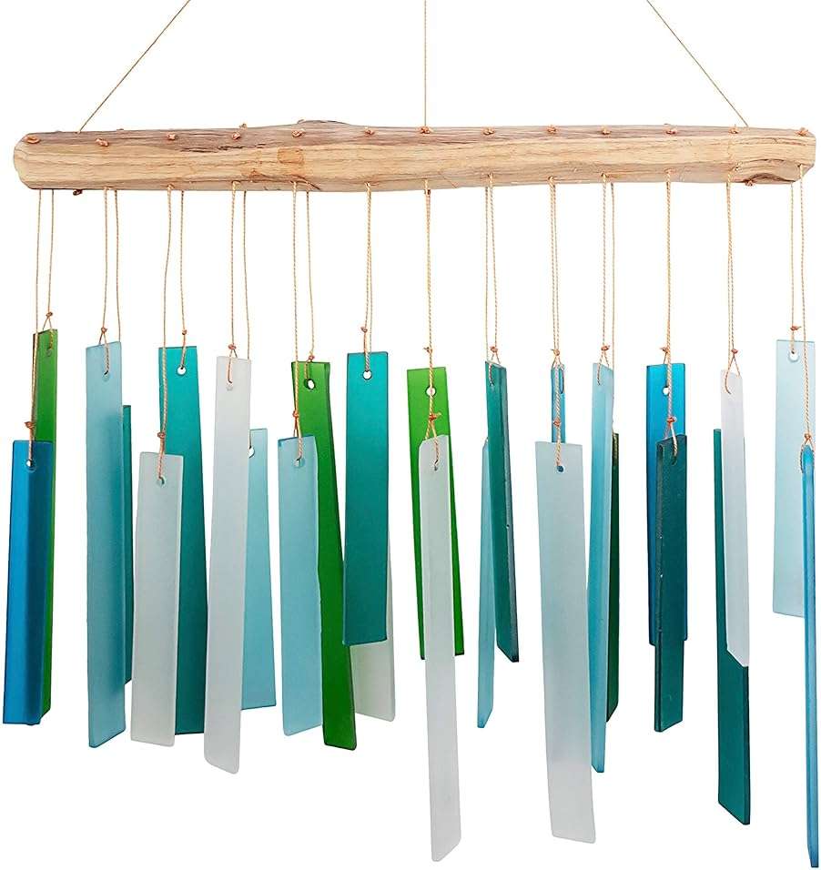 Blue Handworks Sea Glass and Driftwood Chime - Sandblasted Glass and Found Wood Hand Crafted Wind Chime - Image 1