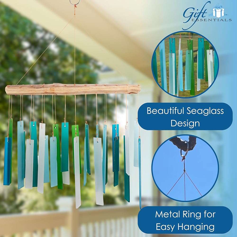 Blue Handworks Sea Glass and Driftwood Chime - Sandblasted Glass and Found Wood Hand Crafted Wind Chime - Image 4