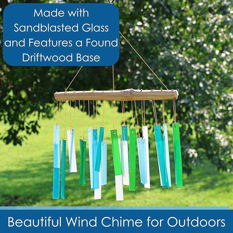 Blue Handworks Sea Glass and Driftwood Chime - Sandblasted Glass and Found Wood Hand Crafted Wind Chime - Image 5