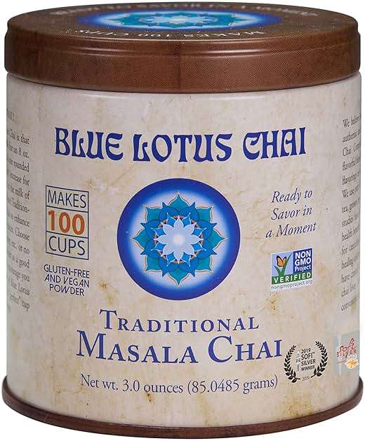 Blue Lotus Chai - Traditional Masala Chai - Makes 100 Cups - 3 Ounce Masala Spiced Chai Powder with Organic Spices - Instant Indian Tea No Steeping - No Gluten - Image 1