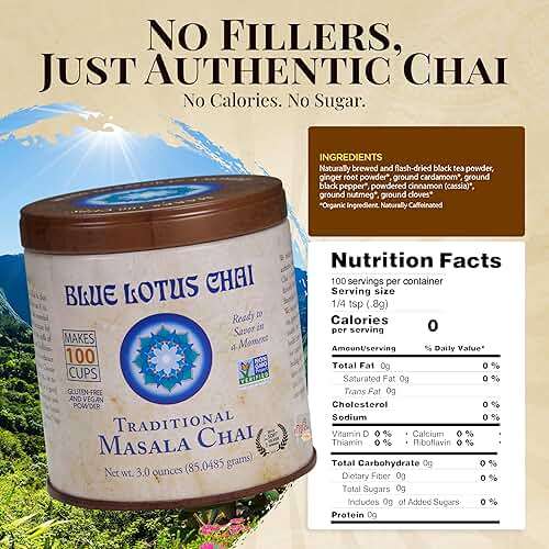 Blue Lotus Chai - Traditional Masala Chai - Makes 100 Cups - 3 Ounce Masala Spiced Chai Powder with Organic Spices - Instant Indian Tea No Steeping - No Gluten - Image 9