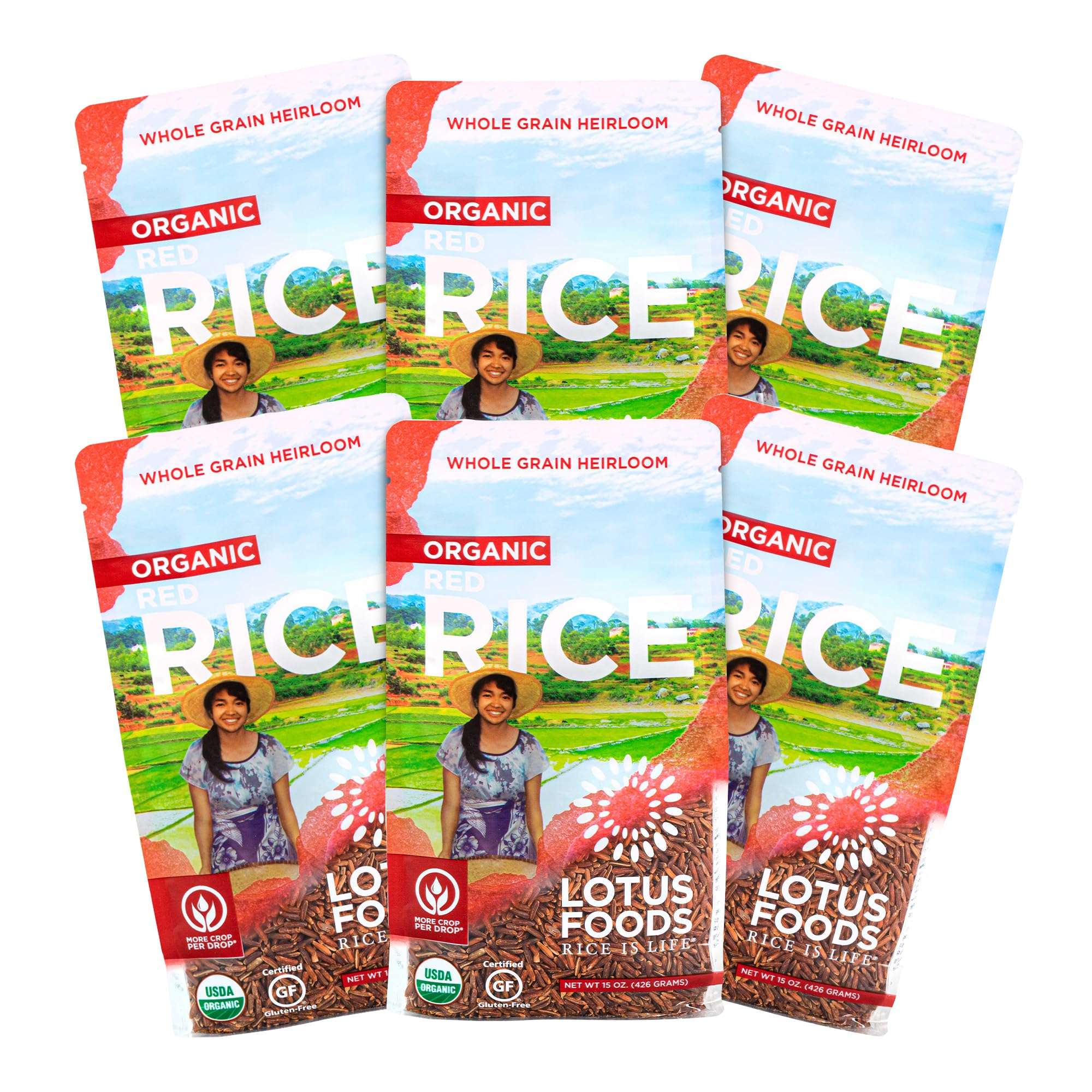 Lotus Foods Organic Red Rice - Red Rice Organic, Rice Red, Whole Grain Rice, Long Grain Asian Sticky Rice, USDA Organic, Non-GMO, Gluten Free - 15 Oz Bag (Pack of 6) - Image 1