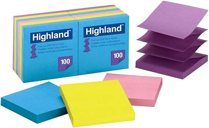 Highland Pop-up Sticky Notes, 3 x 3 Inches, Assorted Bright Colors, 12 Pack (6549-PUB) - Image 1