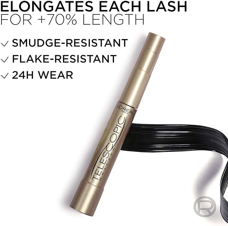 L’Oreal Paris Makeup Original Telescopic Mascara, Separating Mascara Volume and Length Formula, Washable, Blackest Black, 0.27 Fl Oz., 1 Count - Image 7