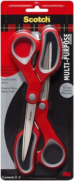 Scotch Multi-Purpose Stainless Steel 2 Pairs of Scissors, 8 Inches, Red & Gray, Great for Cutting Holiday Gift wrap Paper - Image 1