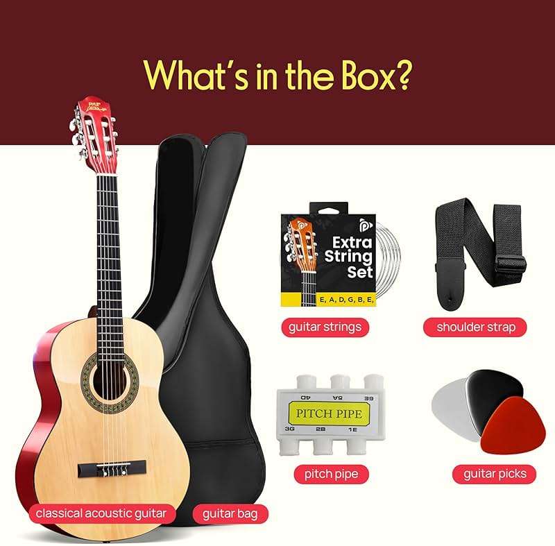 Pyle 30-Inch Beginner Acoustic Guitar Kit, 6-String Classical Style Travel Guitar for Kids & Adults - Includes Shoulder Strap, Strings, Picks, Tuning Pitch Pipe & Storage Gig Bag - Handcrafted Wood - Image 7
