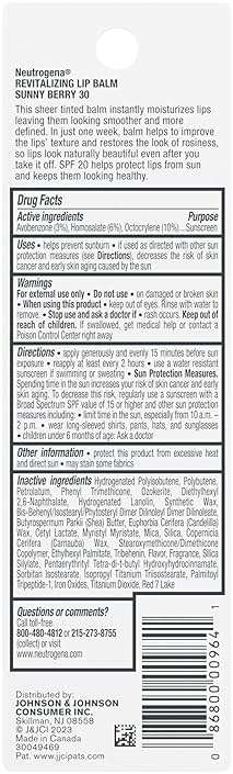 Neutrogena Revitalizing Tinted Lip Balm Broad Spectrum SPF 20 Sunscreen, Moisturizing Lip Balm with a Sheer Tint for Softer, Smoother, Healthier-Looking Lips, Sheer Sunny Berry 30, .15 oz - Image 10