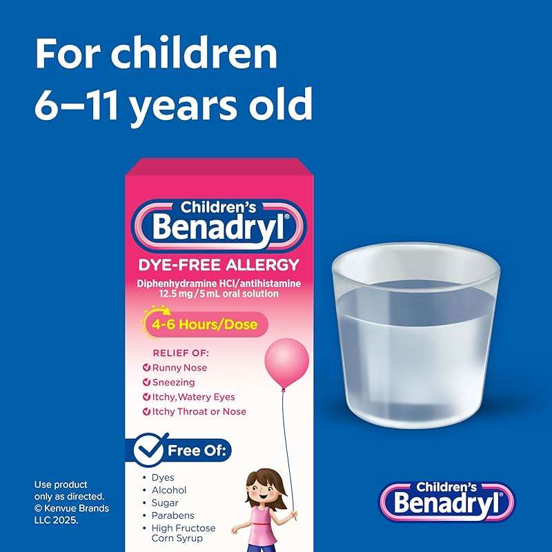 Children's Benadryl Dye-Free Allergy Relief Liquid + 12.5 mg Diphenhydramine HCl, Antihistamine Allergy Medicine for Kids Helps Relieve Runny Nose & Sneezing, Bubble Gum Flavor, 4 fl. oz - Image 4