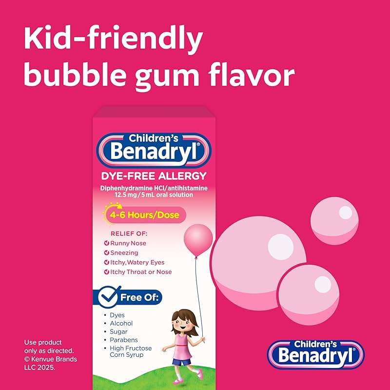 Children's Benadryl Dye-Free Allergy Relief Liquid + 12.5 mg Diphenhydramine HCl, Antihistamine Allergy Medicine for Kids Helps Relieve Runny Nose & Sneezing, Bubble Gum Flavor, 4 fl. oz - Image 5